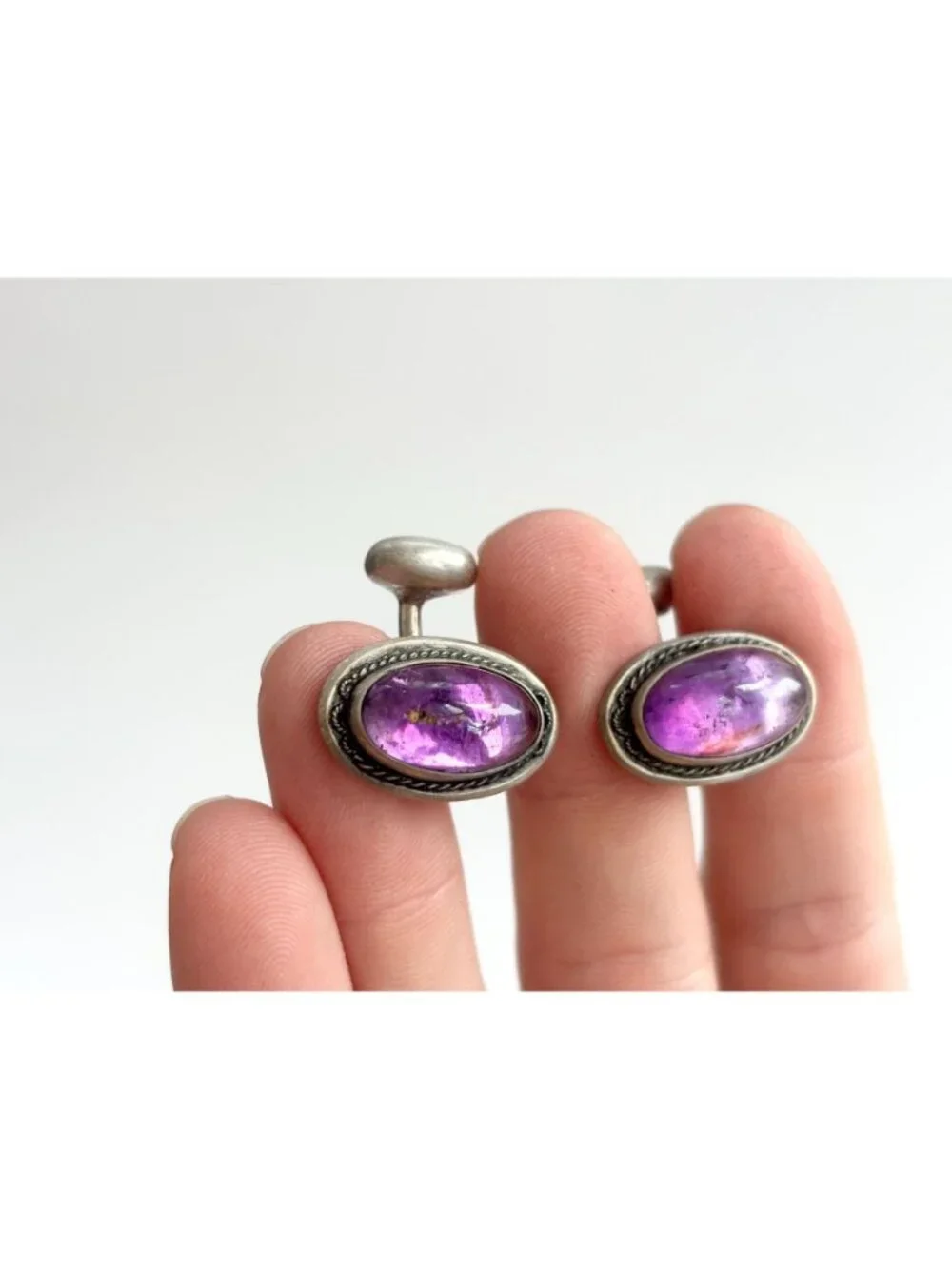 Amethyst Cabochon Gemstone Vintage Sterling Silver 925 Men's Cufflinks